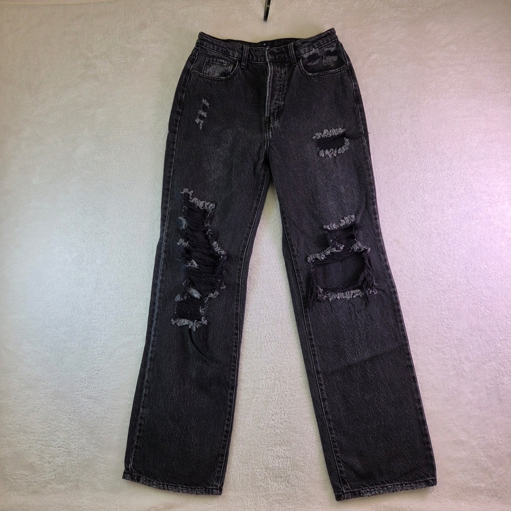 Windsor Womens High Waisted Distressed Straight Leg Jeans Washed Black Size 5